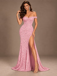 Off the Shoulder Corset Sequin Mermaid Prom Dress with Slit
