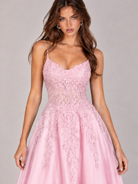 Lace Applique Satin A-Line Prom Dress with Sheer Bodice