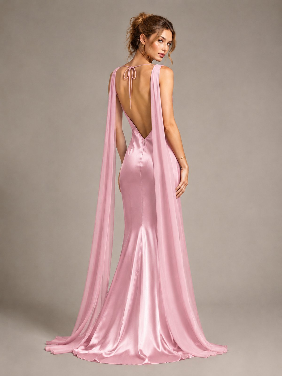 Burgundy Satin Mermaid Cape Maxi Dress