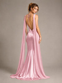 Burgundy Satin Mermaid Cape Maxi Dress
