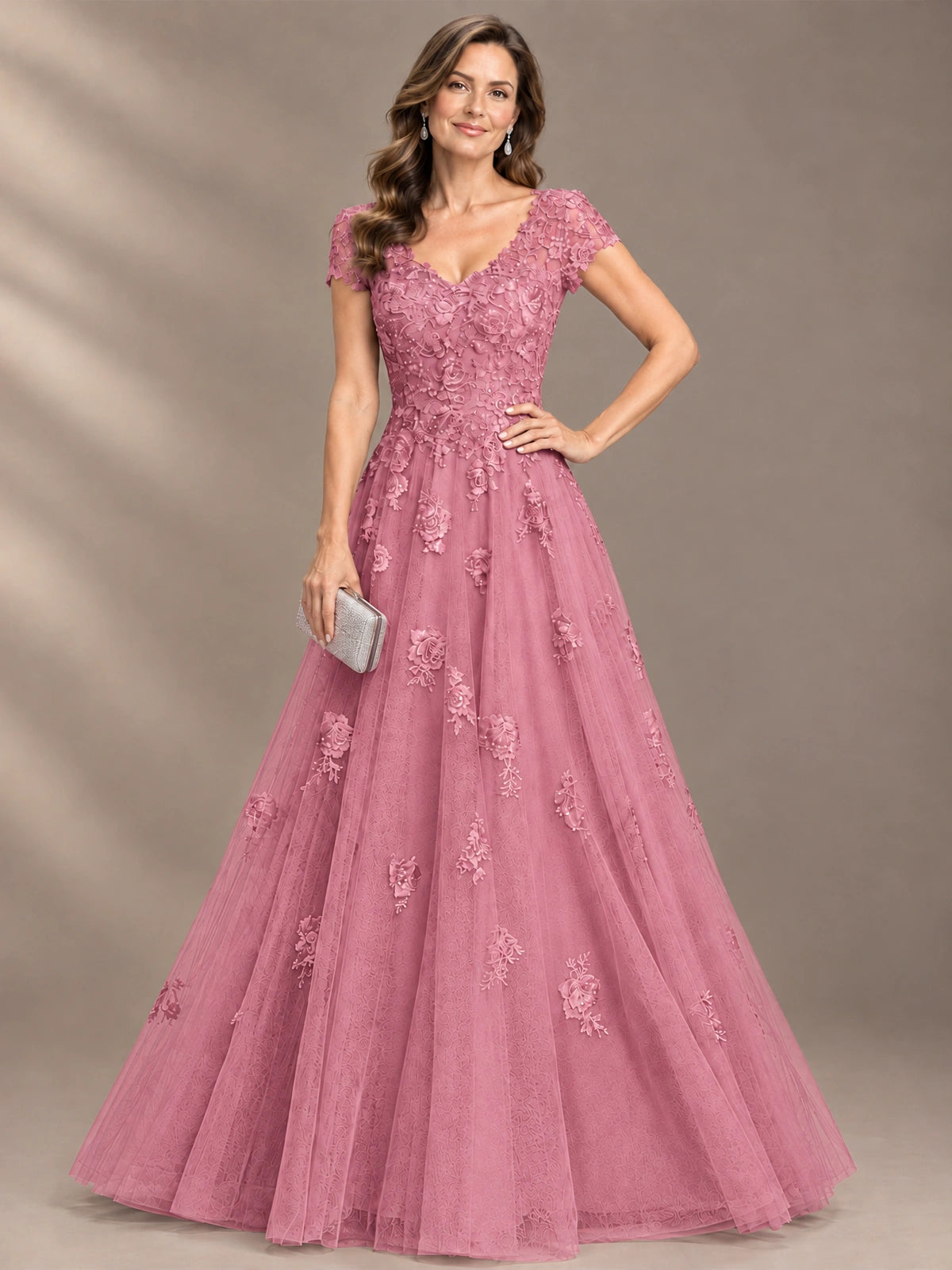 Lace Appliques A-line Mother of The Bride Dresses with Short Sleeves