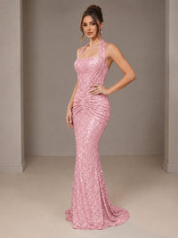 Gold Halter Sequin Mermaid Ruched Prom Dress Long Ruched Evening Gown