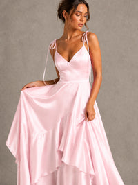 Lavender Satin V-Neck Ruffle Maxi Dress