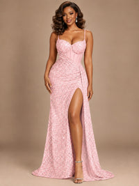 Burgundy Sequin Corset Prom Dress with High Slit