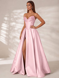 Strapless Corset Satin Prom Dress Long Evening Gown with High Slit