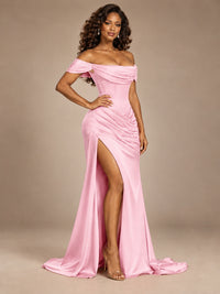 Burgundy Off-the-Shoulder Satin Corset Prom Dress with Slit