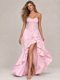 Strapless Lace Appliques Corset Satin Prom Dress Ruffle Slit Evening Gown