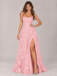 Floral Lace A-Line Prom Dress with Spaghetti Straps & High Slit