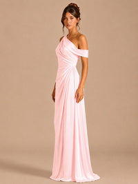 Satin One Shoulder Prom Dress Ruched Long Formal Evening Gown
