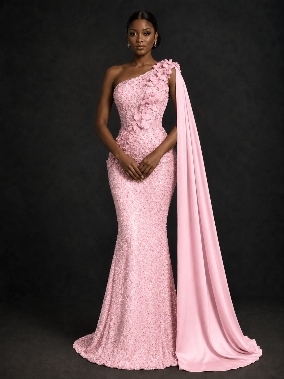 Gold Sequin One Shoulder Mermaid Prom Dress with Cape