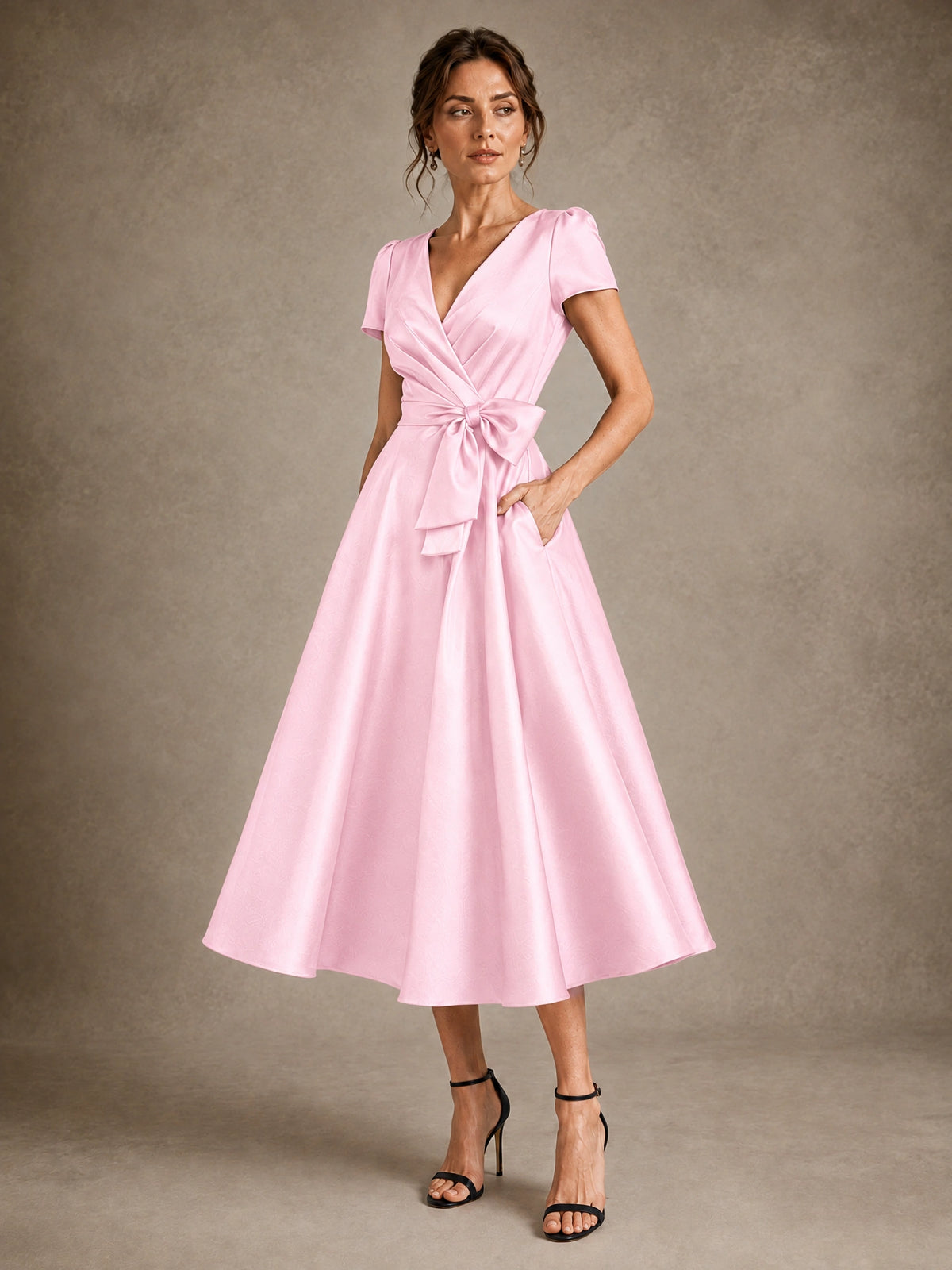 V-Neck Tea-Length Satin Mother of the Bride Dress with Bow
