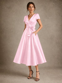 V-Neck Tea-Length Satin Mother of the Bride Dress with Bow