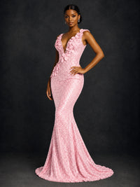 Gold Sequin Floral Applique Mermaid Prom Dress