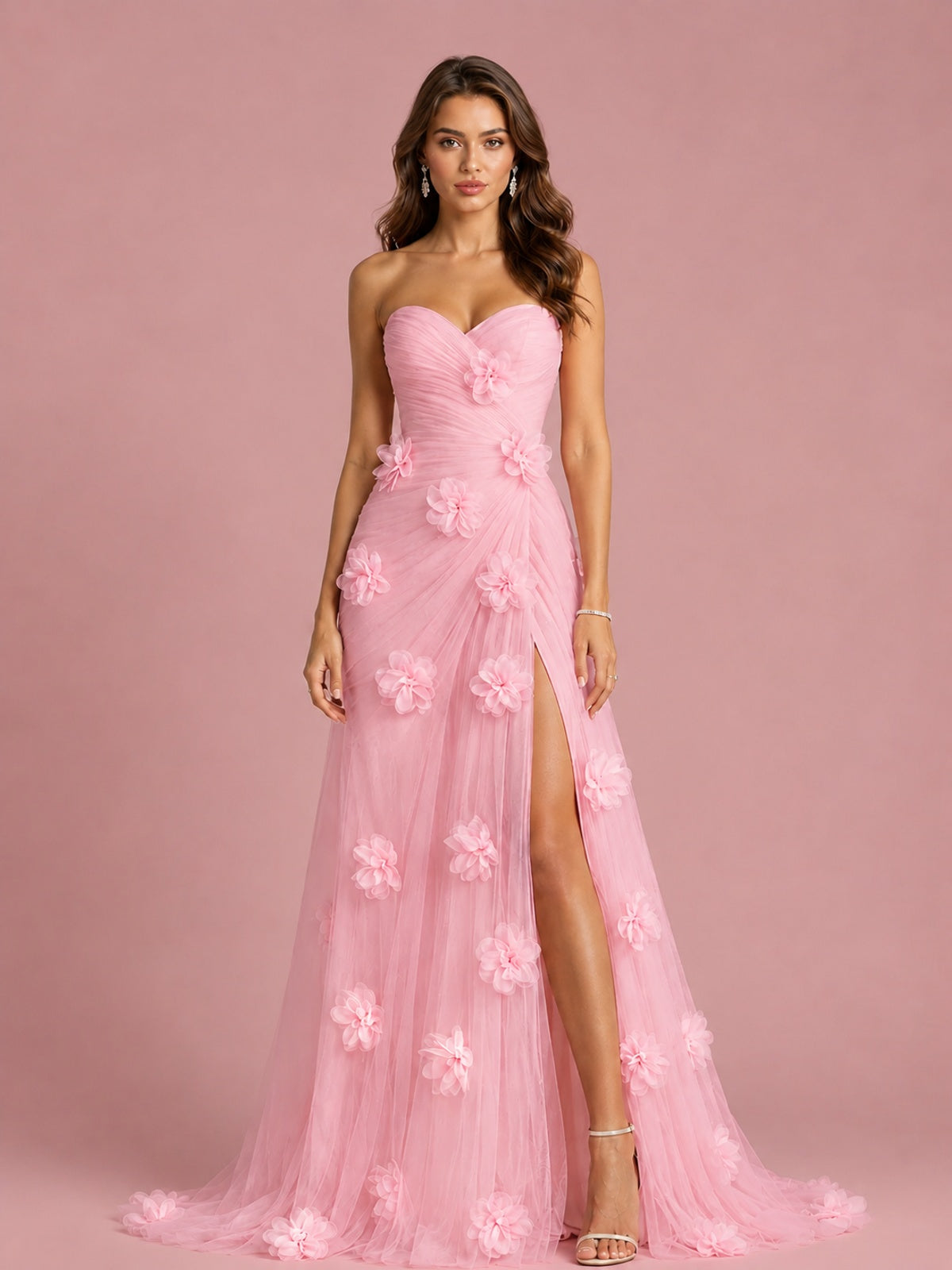 3D Floral Applique Strapless Tulle Prom Dress with High Slit