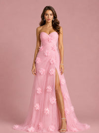 3D Floral Applique Strapless Tulle Prom Dress with High Slit