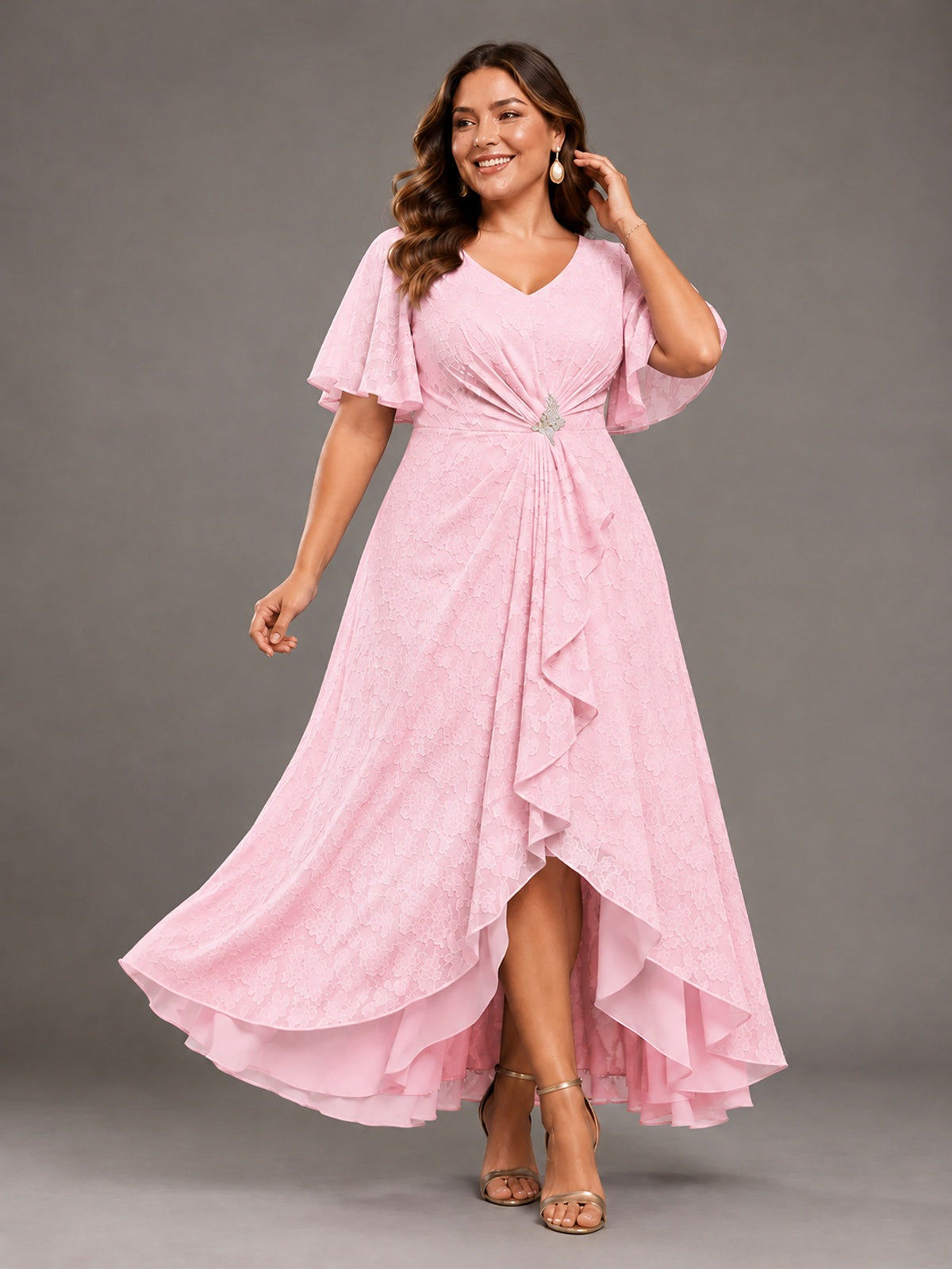 Jacquard Chiffon A-Line V-Neck High-Low Mother of the Bride Dress