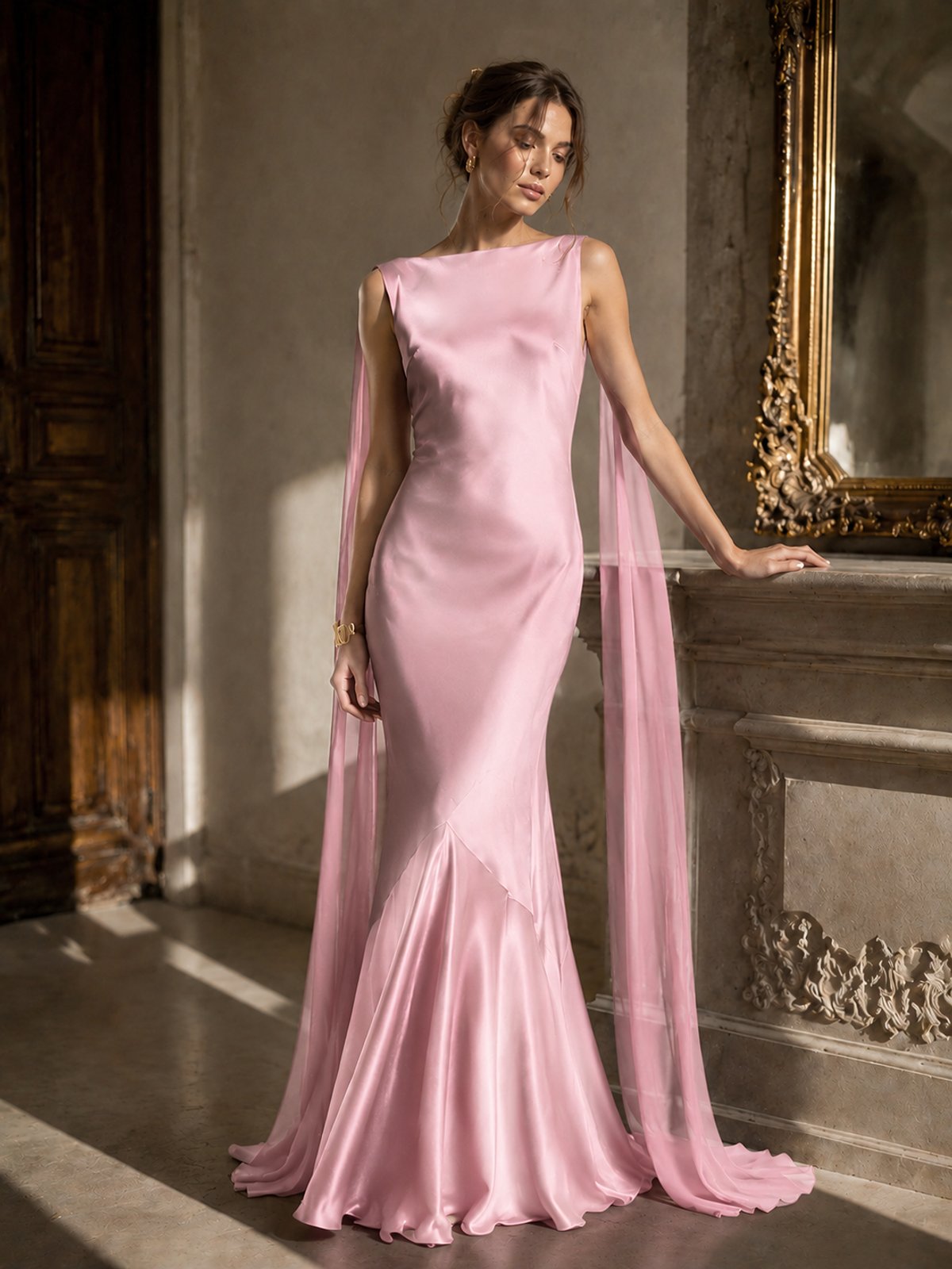 Burgundy Satin Mermaid Cape Maxi Dress