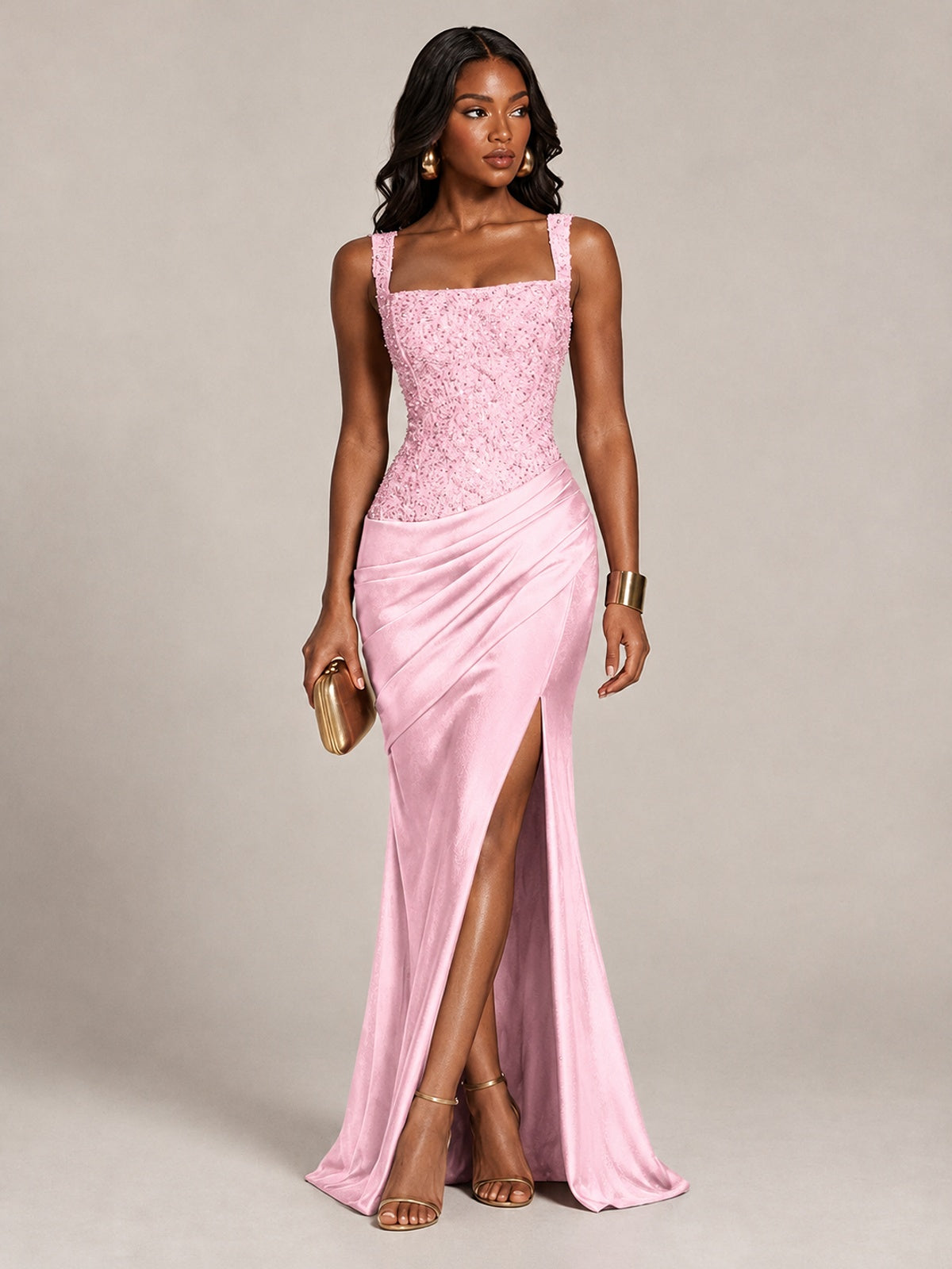 Scoop Neck Sequin Prom Dress with High Slit Satin Formal Gowns