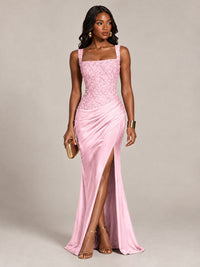 Scoop Neck Sequin Prom Dress with High Slit Satin Formal Gowns