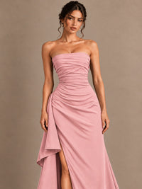 Black and White Strapless Ruched Prom Dress with High Slit & Side Drape