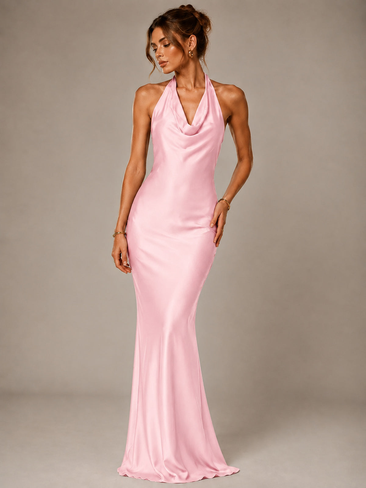Olive Green Halter Satin Mermaid Maxi Dress