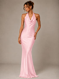 Olive Green Halter Satin Mermaid Maxi Dress