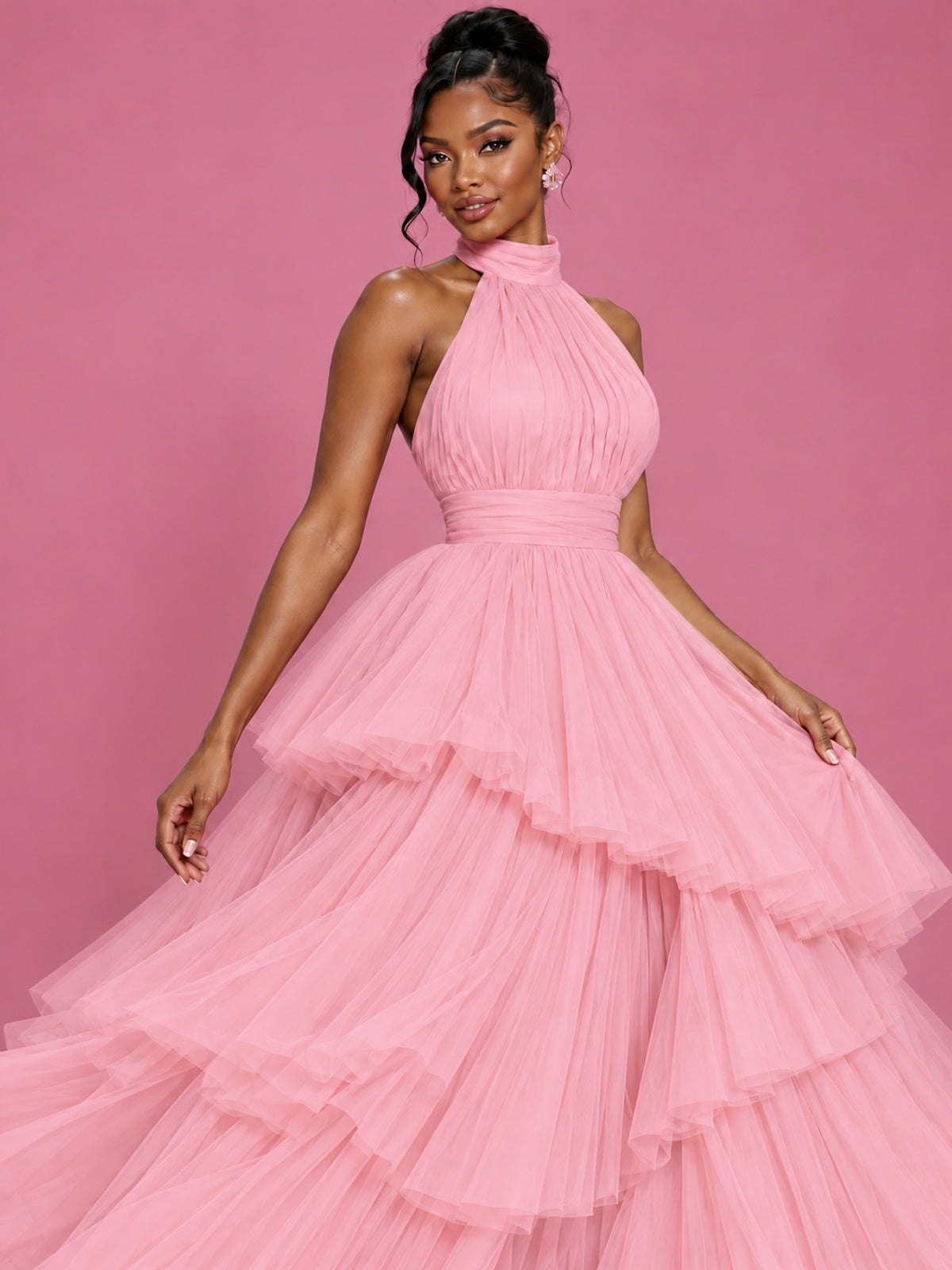Hot Pink Tulle Halter Neck Tiered Ruffle Maxi Dress