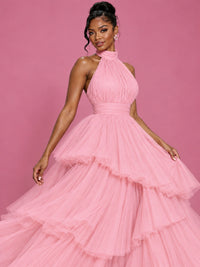 Hot Pink Tulle Halter Neck Tiered Ruffle Maxi Dress