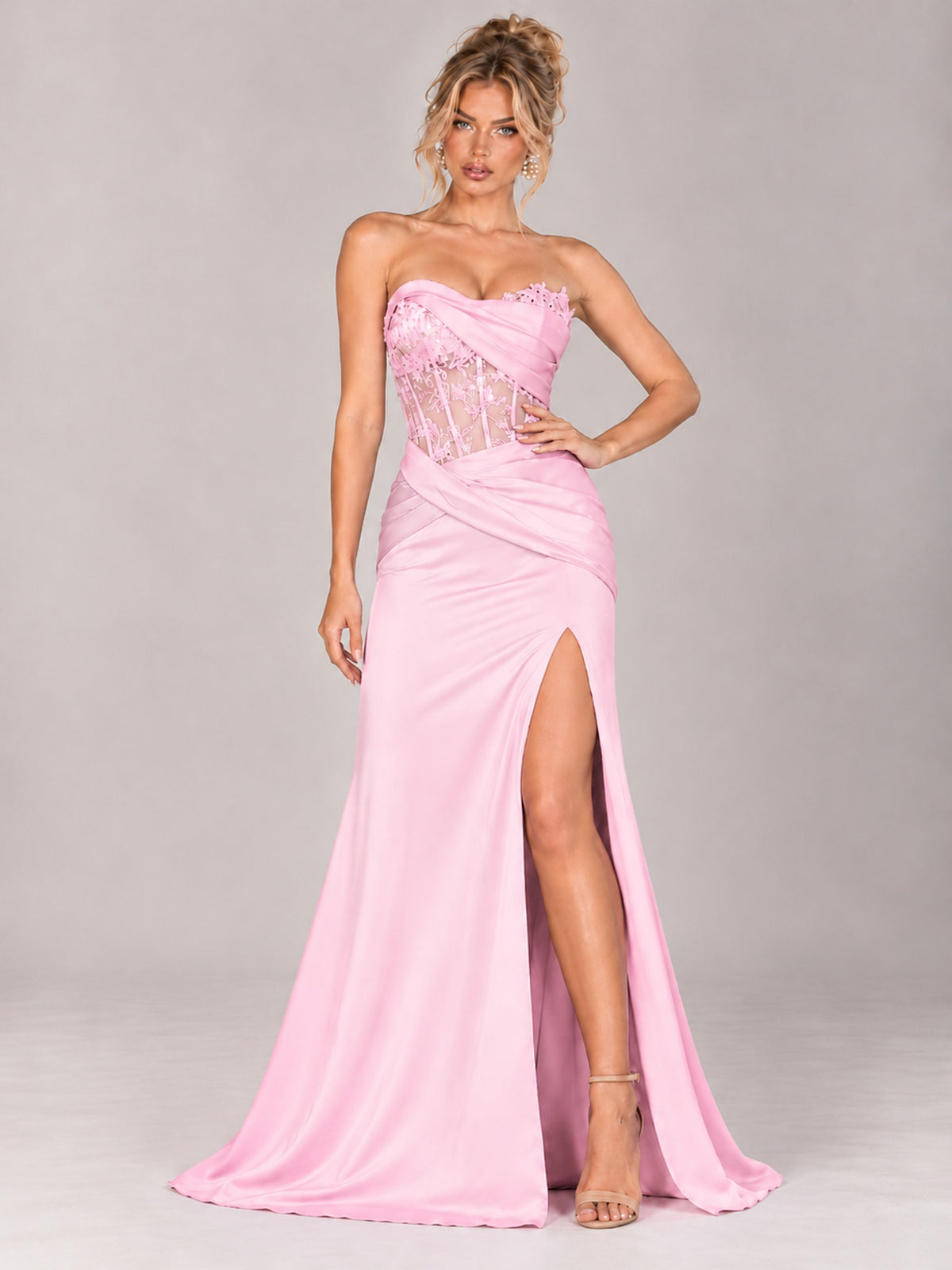 Strapless Satin Prom Dress with Sheer Lace Corset & High Slit