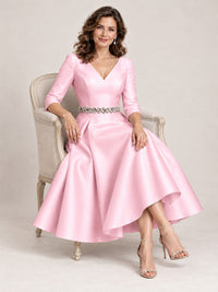 V-Neck Tea-Length Mother of the Bride Dress with Embellished Waist