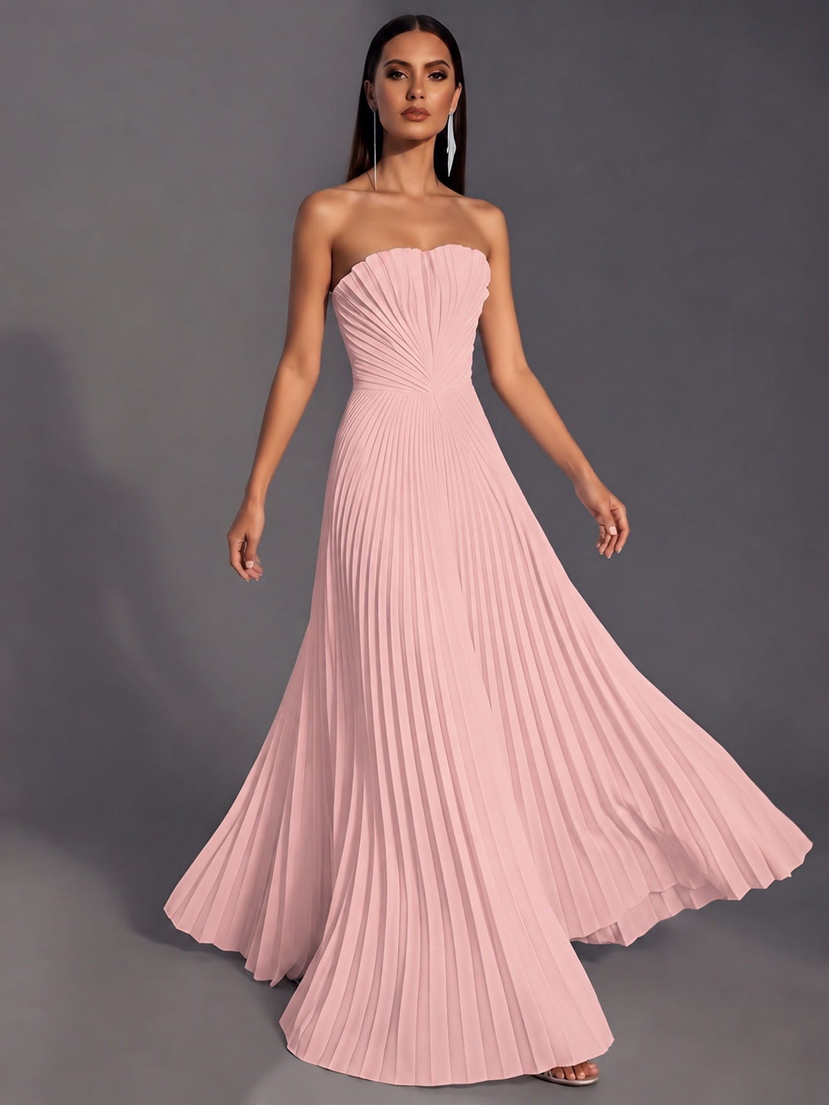 Strapless A-line Long Pleated Satin Prom Dress