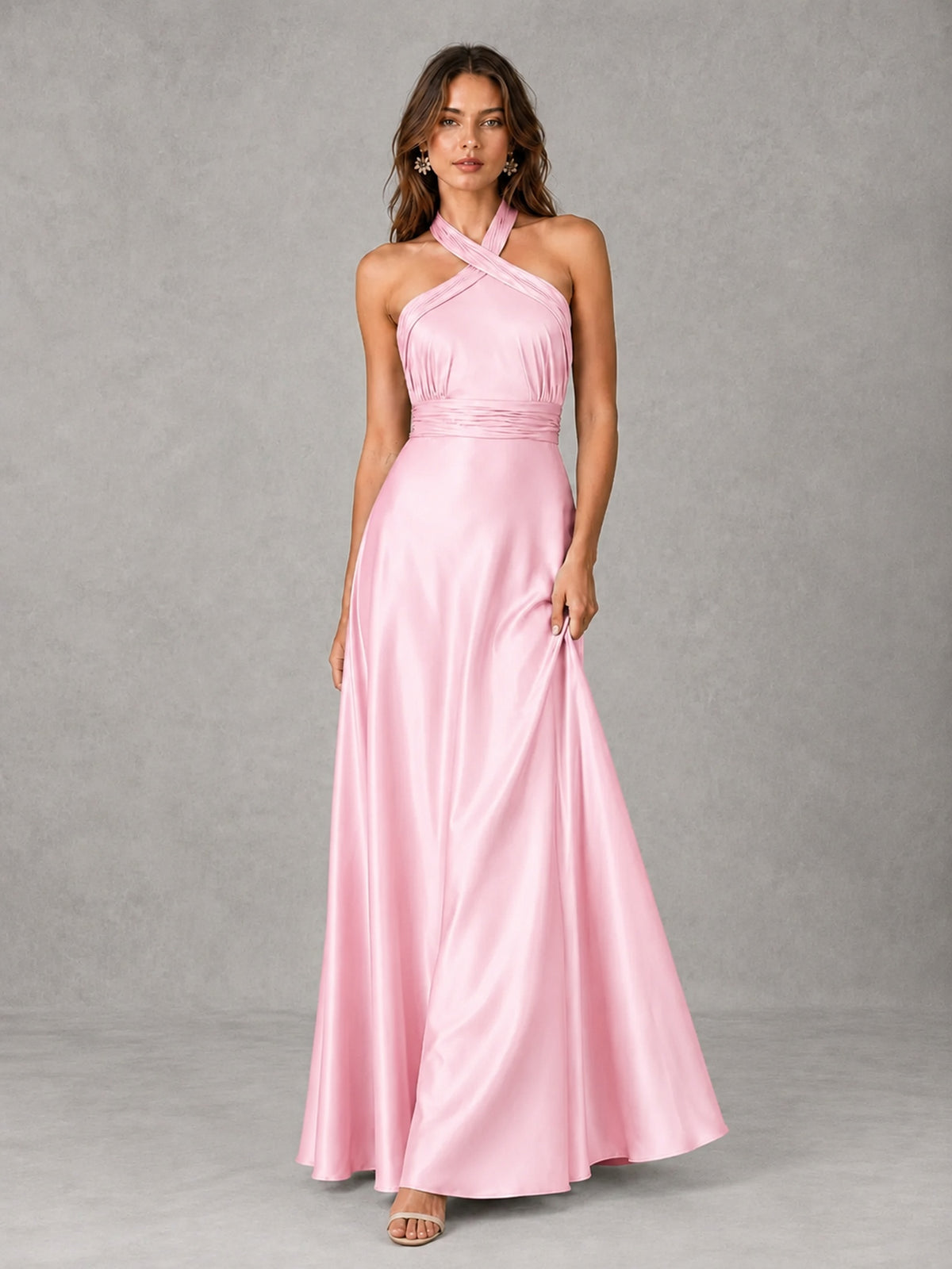 Sage Green Satin A-Line Bridesmaid Dress with Halter Neck