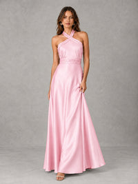 Sage Green Satin A-Line Bridesmaid Dress with Halter Neck