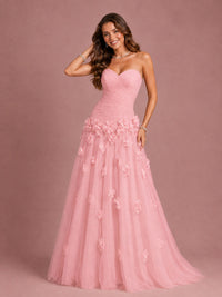 Blush Pink Strapless Sweetheart 3D Floral Tulle Ball Gown Prom Dres