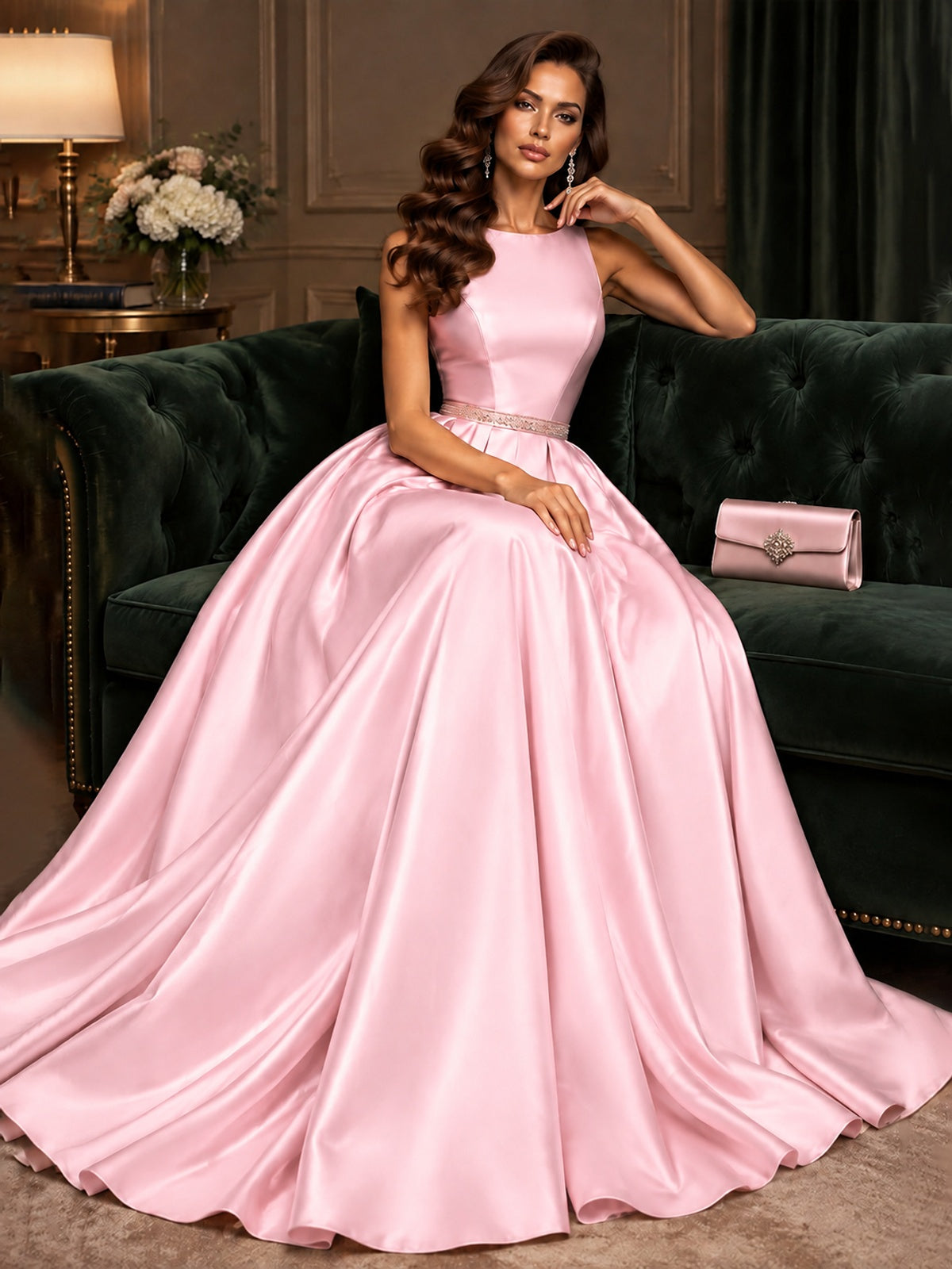 Satin A-Line Prom Dress Sleeveless Beaded Waist Formal Gown with Pockets
