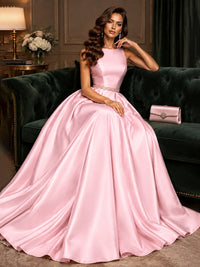 Satin A-Line Prom Dress Sleeveless Beaded Waist Formal Gown with Pockets