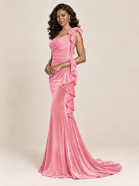 Black Velvet One-Shoulder Mermaid Evening Gown with Bow & Ruffles