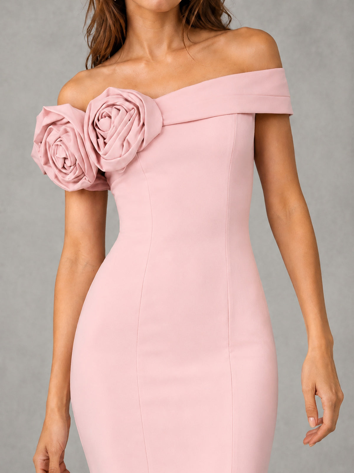Blush Pink Off Shoulder Mermaid Bridesmaid Dress with Floral Rosette