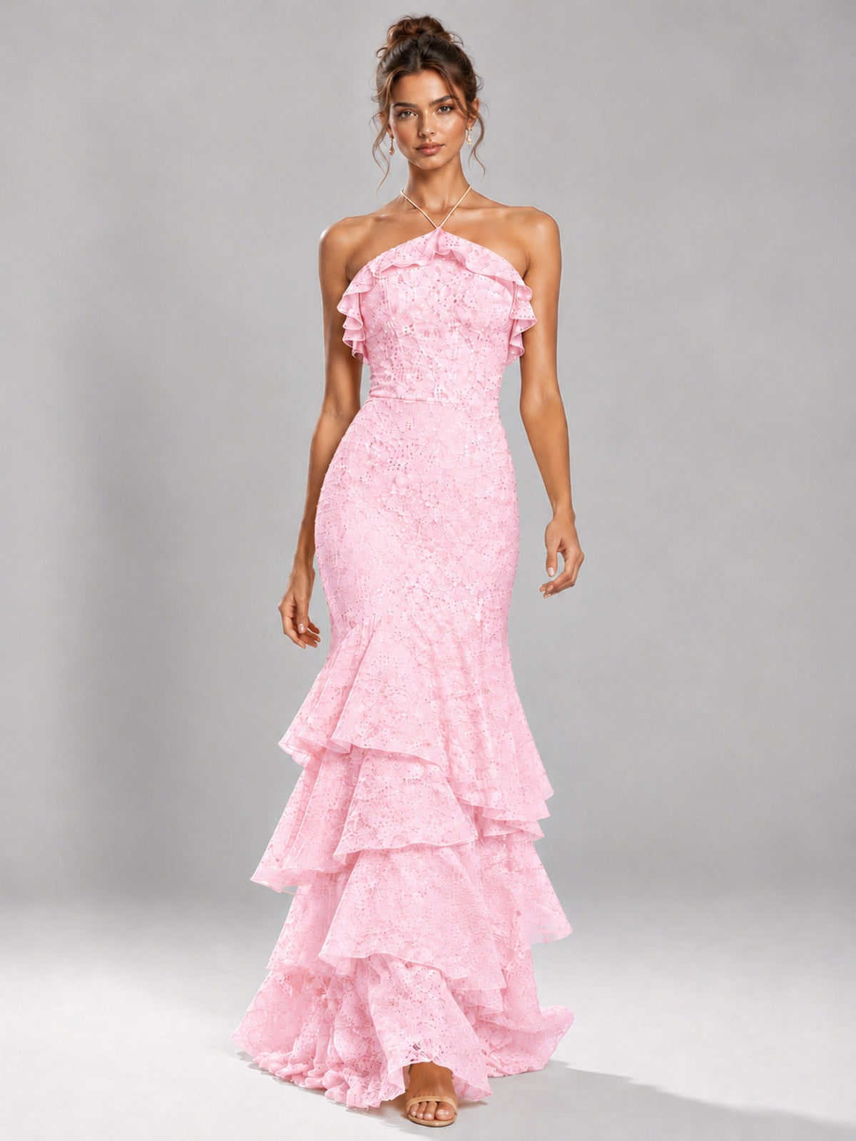 Halter Tiered Mermaid Prom Dress with Sparkly Lace