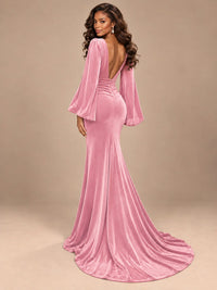 Burgundy Velvet Deep V-Neck Ruched Long Sleeve Maxi Dress