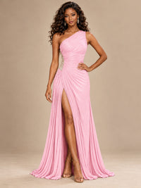 Burgundy One Shoulder Ruched Prom Dress with High Slit & Beaded Waist