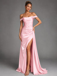 Off Shoulder Satin Maxi Dress with Slit