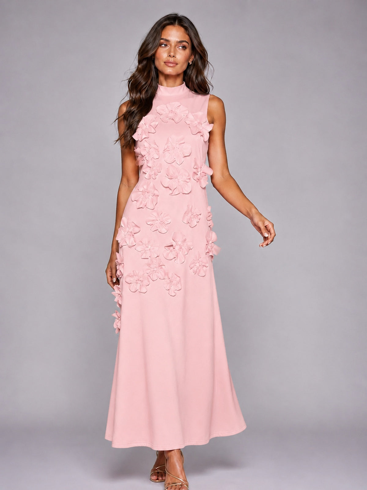 3D Floral Applique High Neck Prom Maxi Dress
