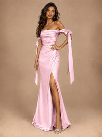 Off The Shuolder Satin Prom Dress Slit Mermaid Formal Gowns