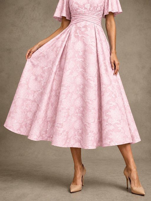 V-Neck Floral Jacquard Tea-Length Mother of the Bride Dress