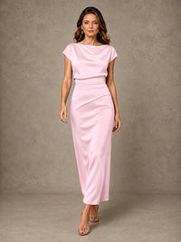 Cowl Neck Satin Mother of the Bride Dress with Ruched Waist