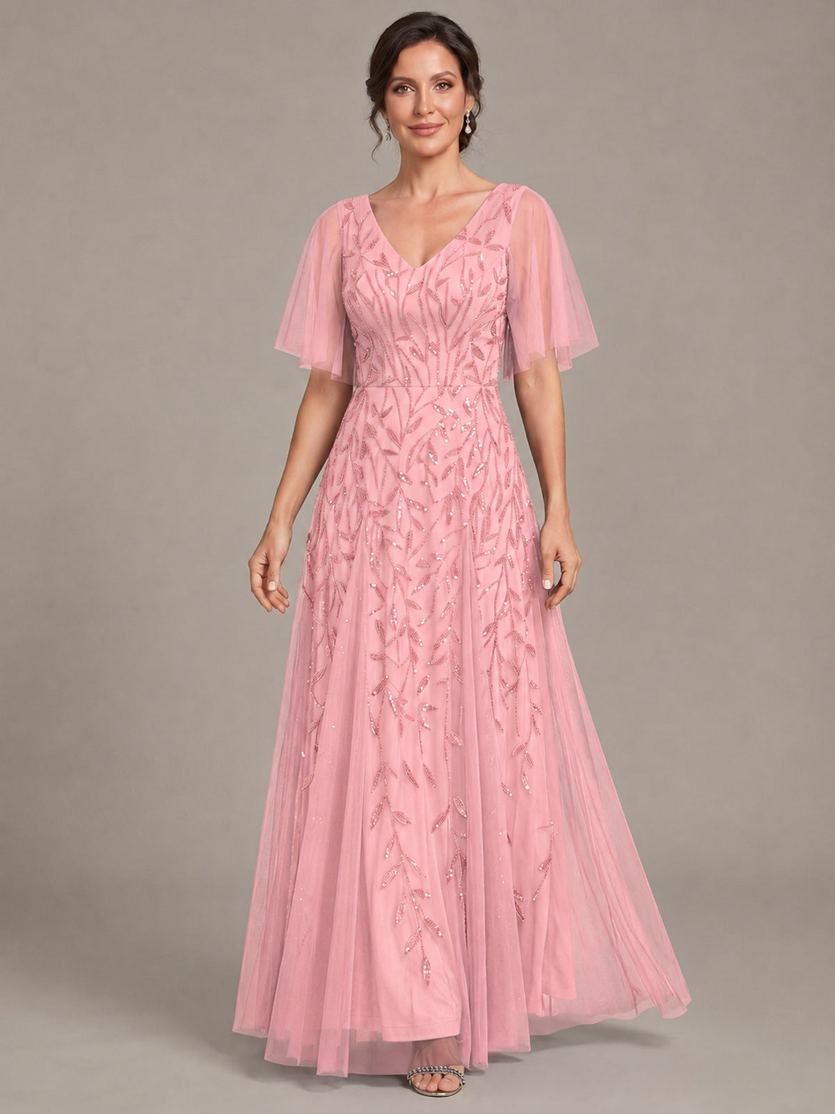 V-Neck Sequin Tulle Mother of the Bride Dress with Flutter Sleeve