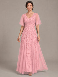 V-Neck Sequin Tulle Mother of the Bride Dress with Flutter Sleeve