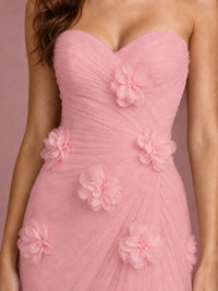 Blush Pink Strapless Sweetheart 3D Floral Tulle Mermaid Prom Dress