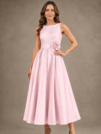 Tea-Length Satin Mother of the Bride Dress with 3D Flower Detail